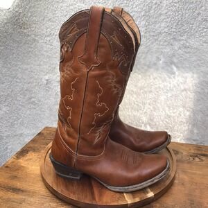 Tanner Mark Western Boots Womens 9 Cognac Brown Leather Embroidery Cowgirl Rodeo
